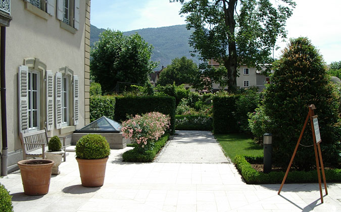 Terracee and potted shrubs